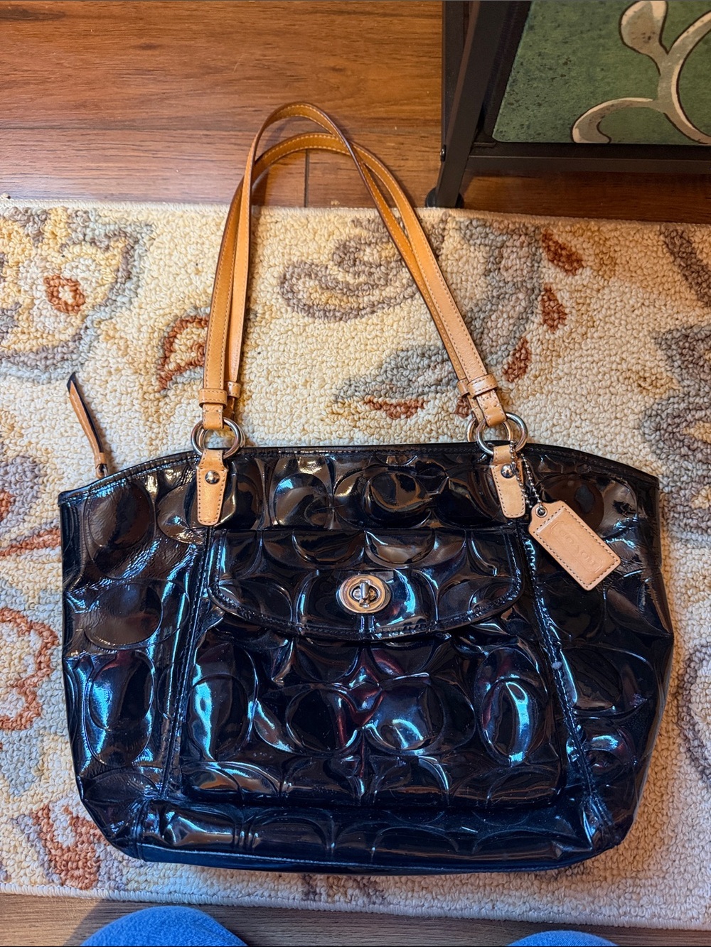 Coach Black Patent Tote with Tan Handles
